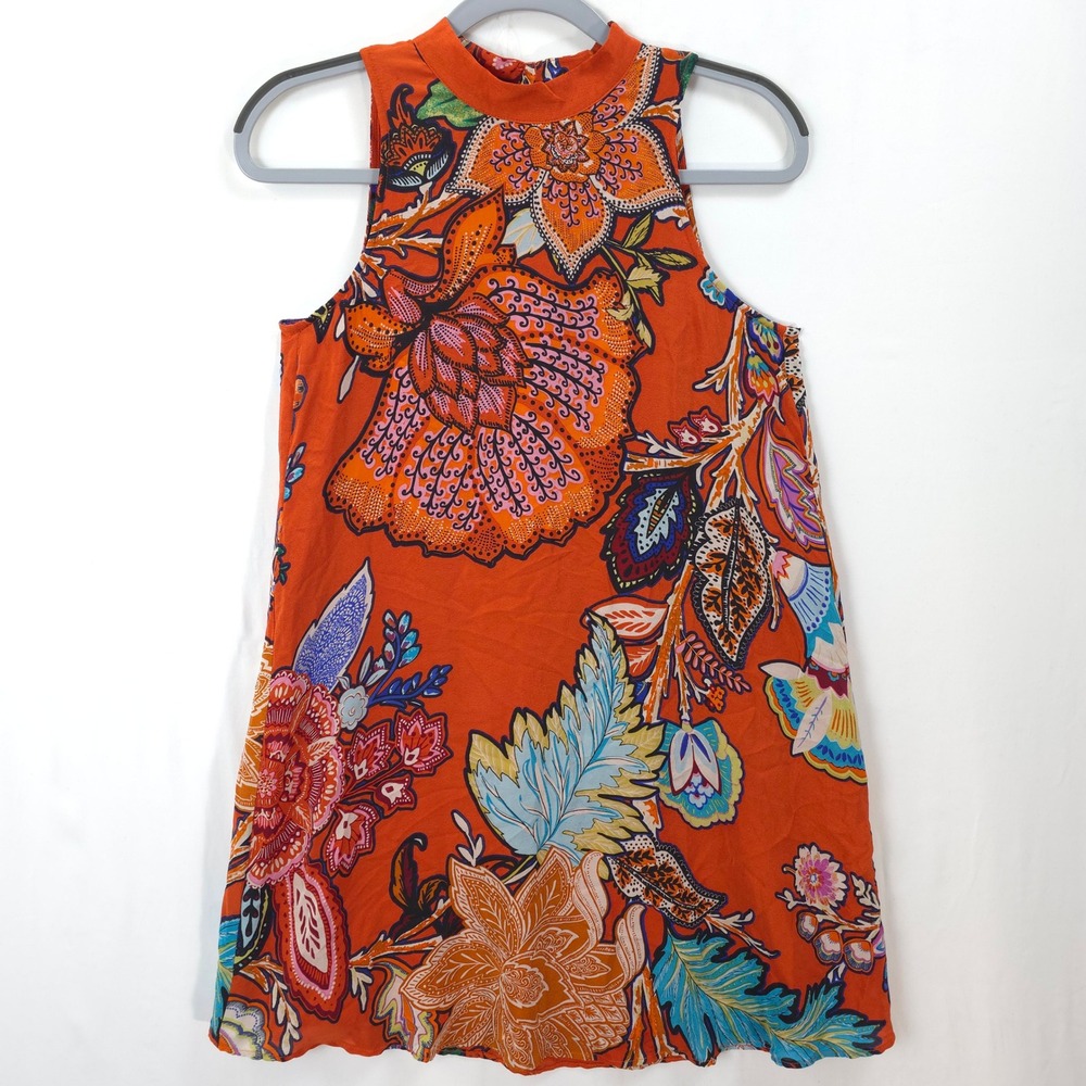 Maeve Anthropologie Silk Dress XS Floral Print Orange Sleeveless Shift Resort - Picture 2 of 11